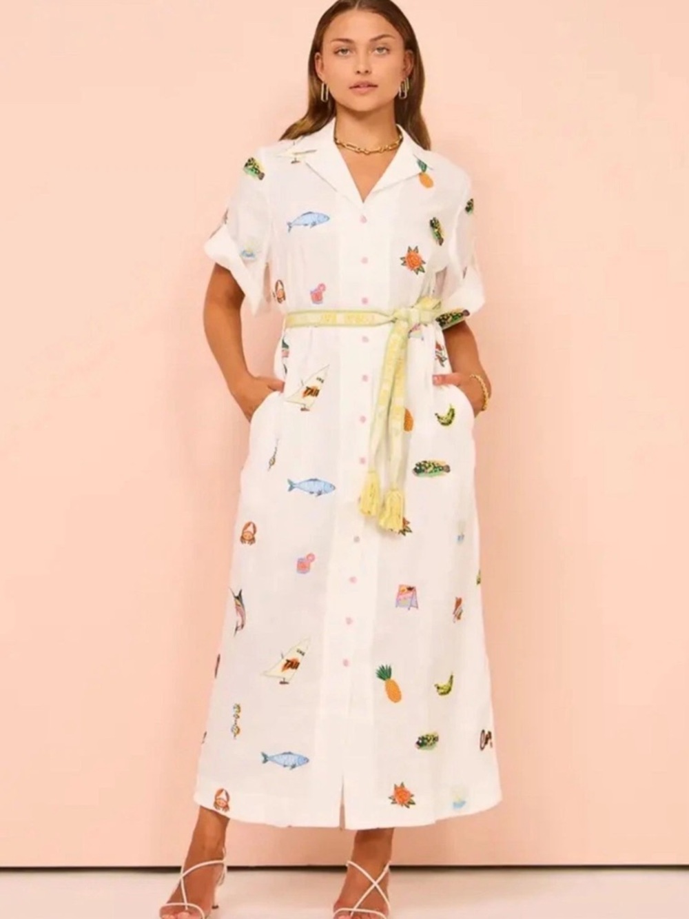 Alemais White Maxi Shirt Dress with Multicolor Tropical Motif